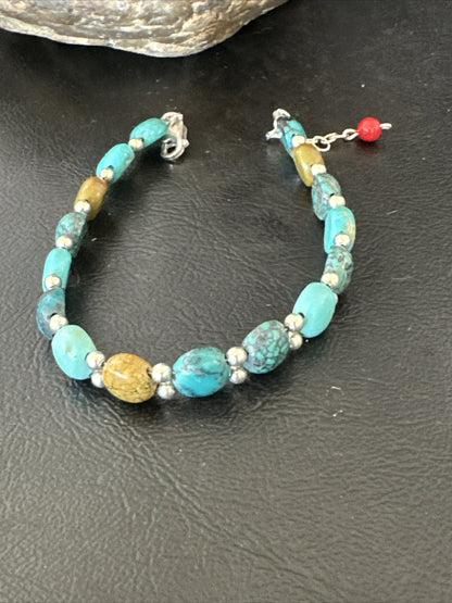 Womens Blue Turquoise Bead Southwestern Sterling Silver Link Bracelet 8" 17236A