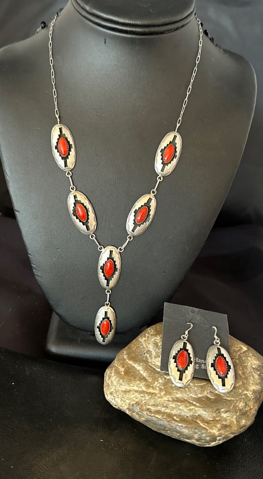 Old Native Navajo Red Coral Sterling Silver Shadowbox Necklace Earrings 18”19101