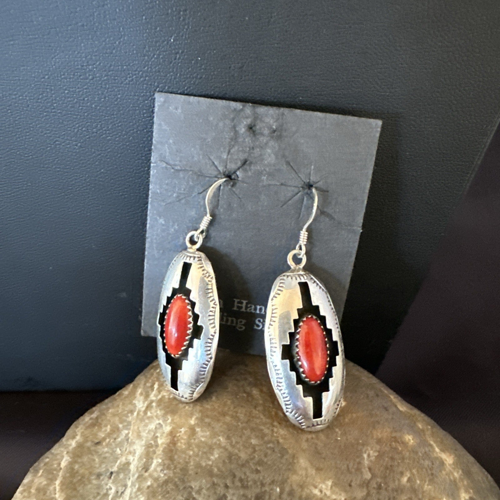 Old Native Navajo Red Coral Sterling Silver Shadowbox Necklace Earrings 18”19101