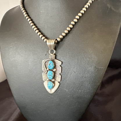 Mens Feather Kingman Turquoise Pendant Navajo Sterling Silver Necklace 17783