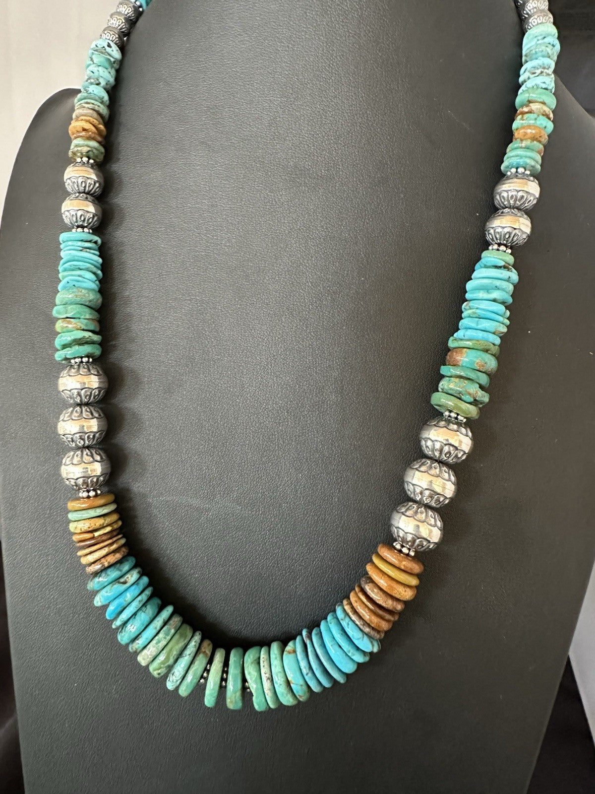 WoMens Blue Green Turquoise Navajo Sterling Silver Necklace 24” 19492