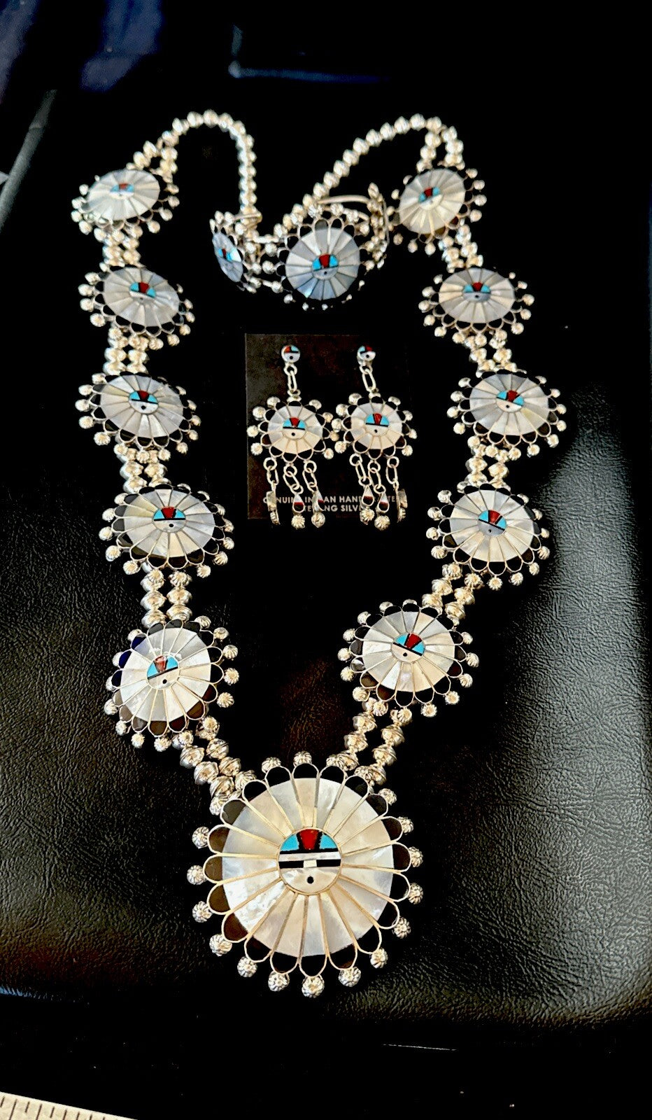 Sunface Onyx Turquoise MOP Zuni Sterling Silver Squash Necklace Bracelet 18148