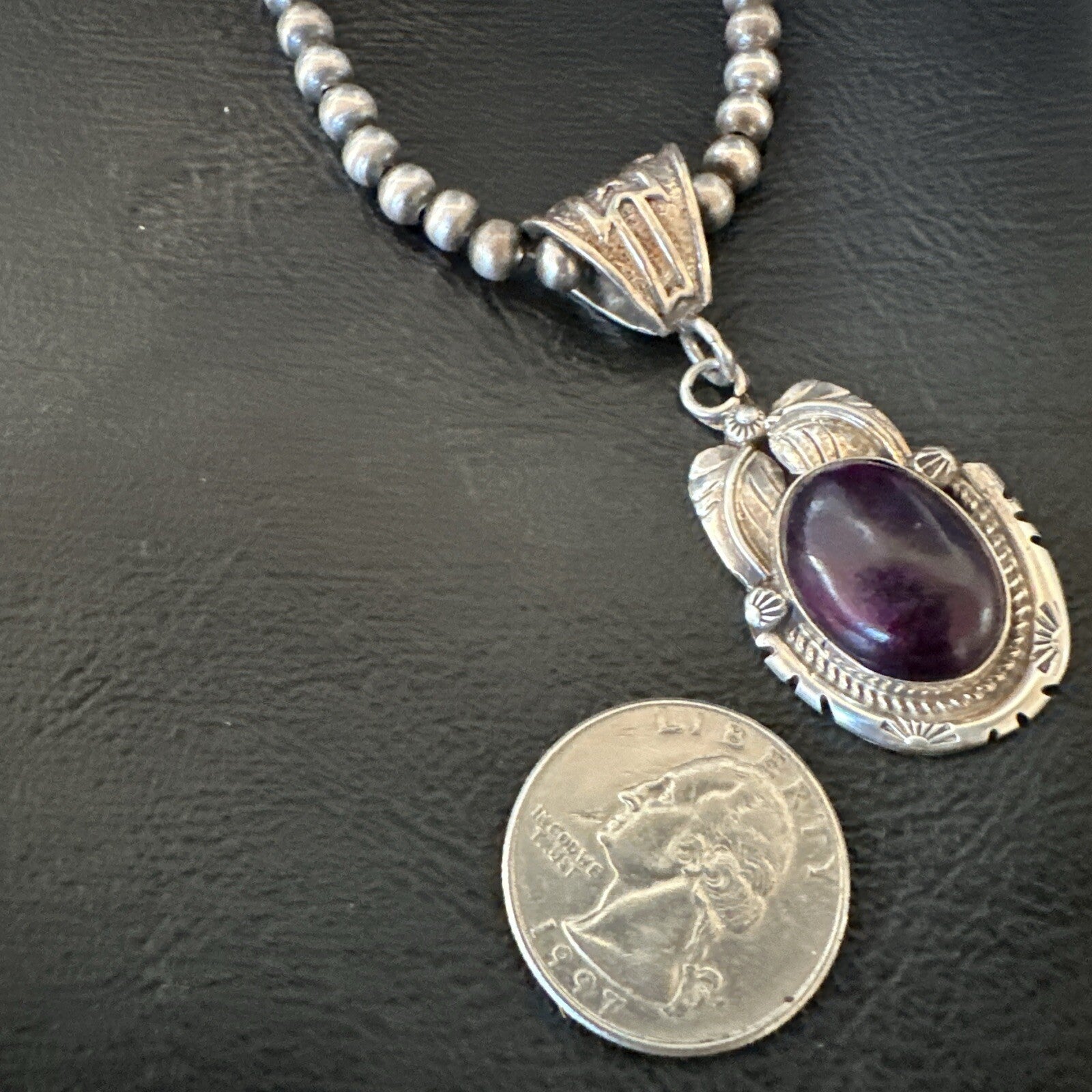 Purple Stone Pendant Navajo Pearls Sterling Silver Necklace 20” 18404