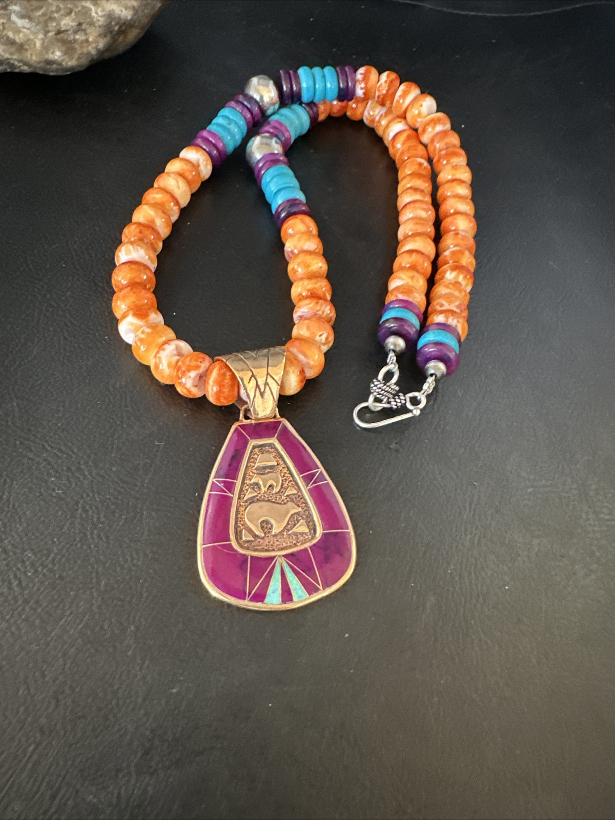 Turquoise Purple Ston Spiny Bronze Pendant Navajo Sterling Silver Necklace 14990