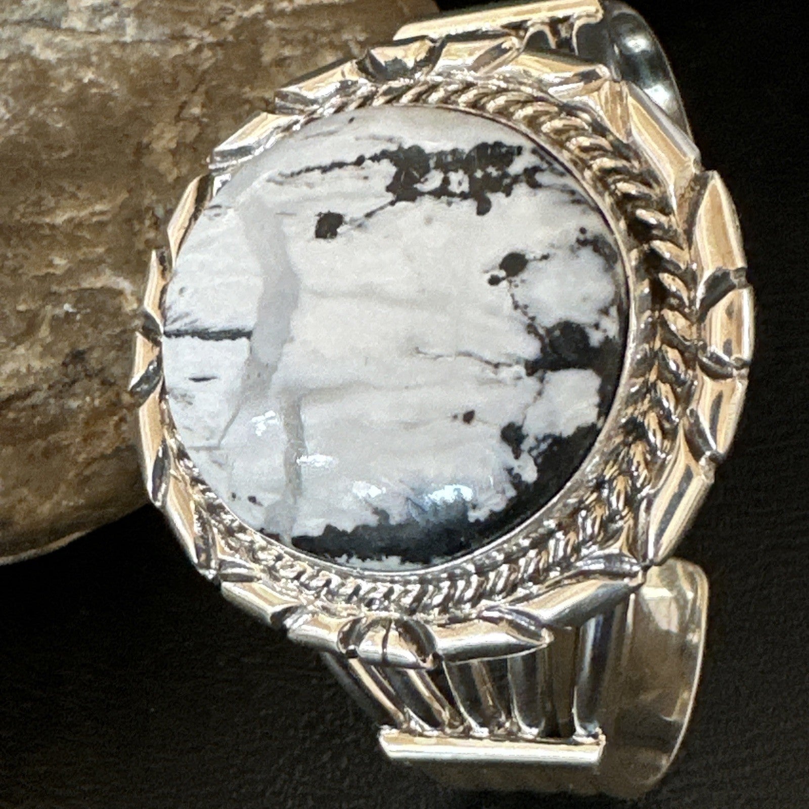 White Buffalo Turquoise Navajo Sterling Silver Cuff Bracelet 19279