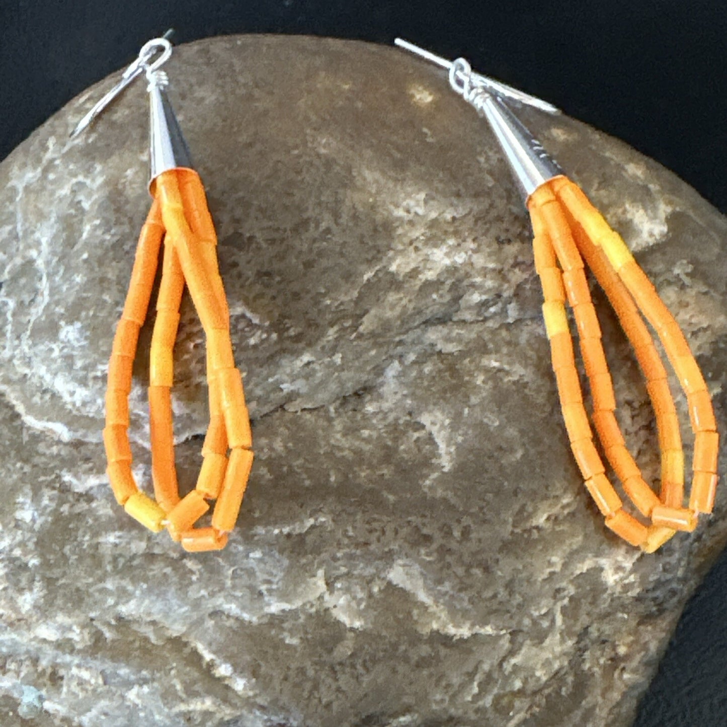 Orange Beads 2 Strands Heishi Liquid Sterling Silver Dangle Earrings 2" 18178