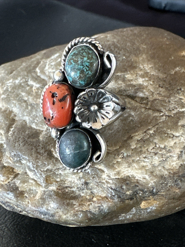 Multicolor Ring Turquoise Coral Navajo Cluster Size 8.5 | Sterling Silver | Authentic Native American Handmade | 19190