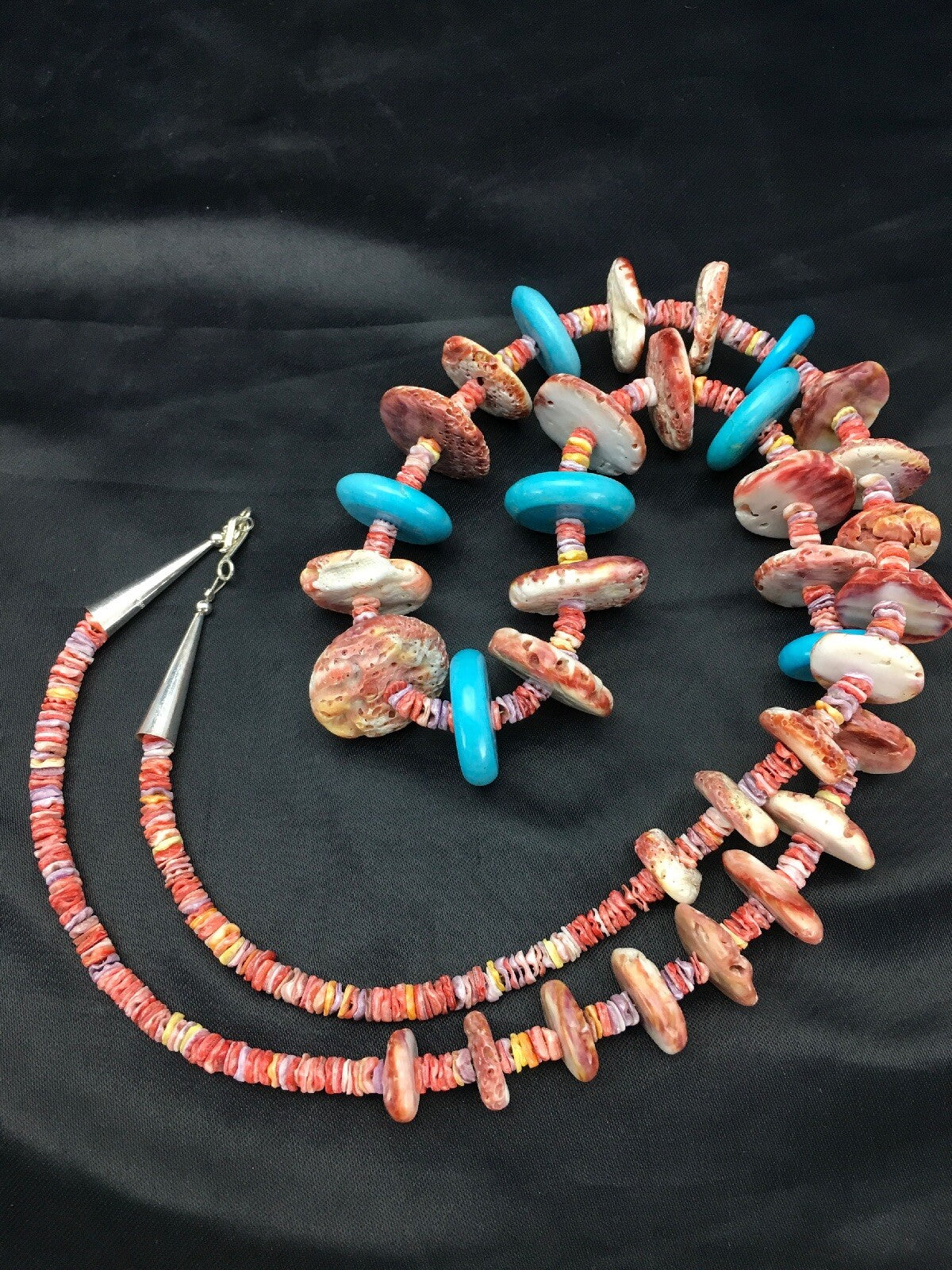 Spiny Oyster & Turquoise Navajo Indian Sterling Silver Necklace 02910