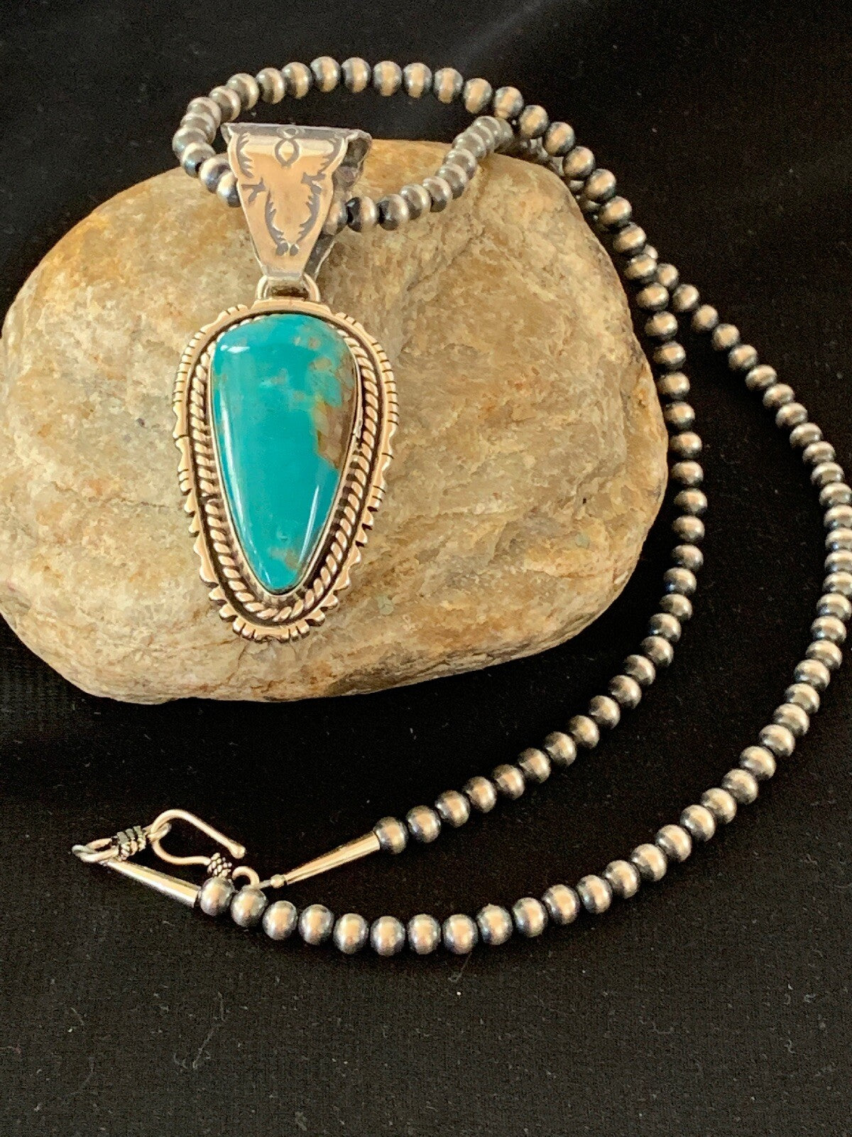 Navajo American Sterling Silver Kingman Turquoise Necklace Pendant Set 02992