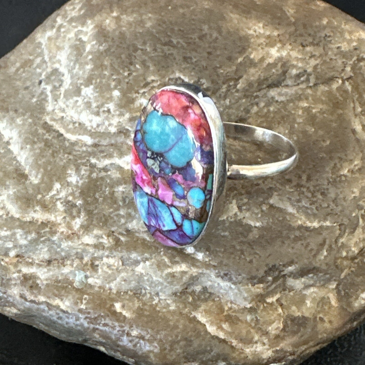 Blue Turquoise Spiny Oyster Southwestern Sterling Silver Ring Size 11 18450