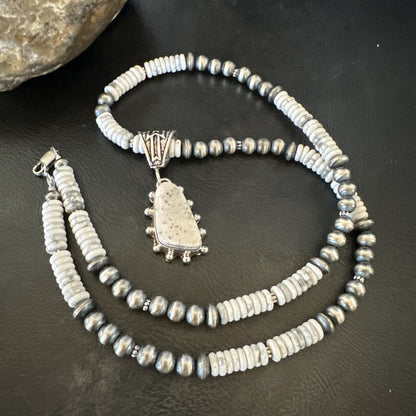 White Buffalo Turquoise Pendant Navajo Pearls Sterling Silver Necklace 22" 18259