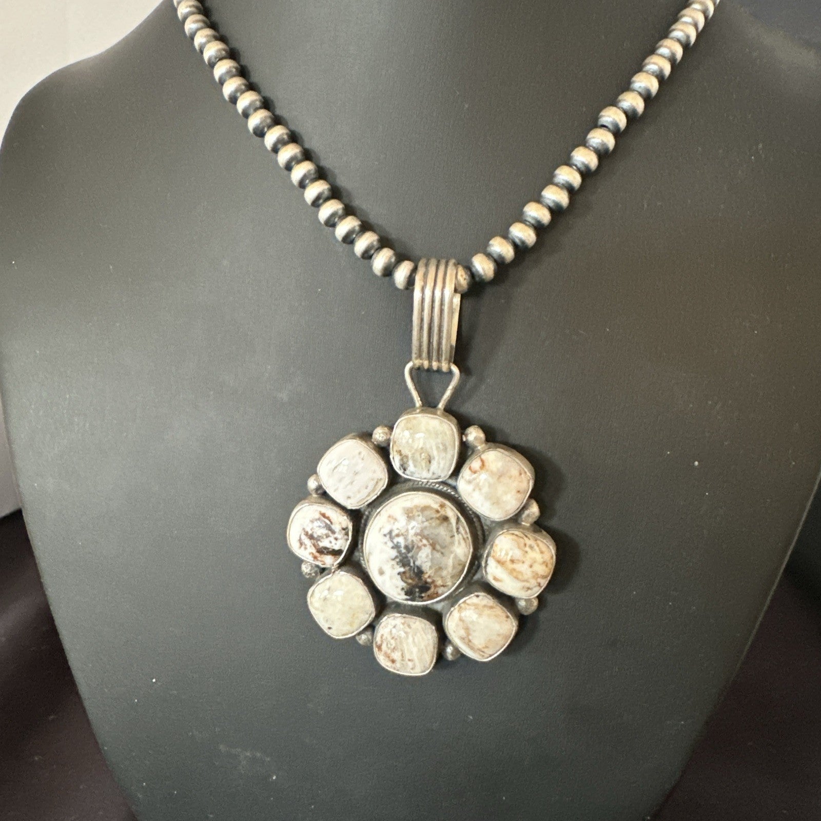 White Buffalo Turquoise Cluster Pendant Navajo Sterling Silver Necklace 19271
