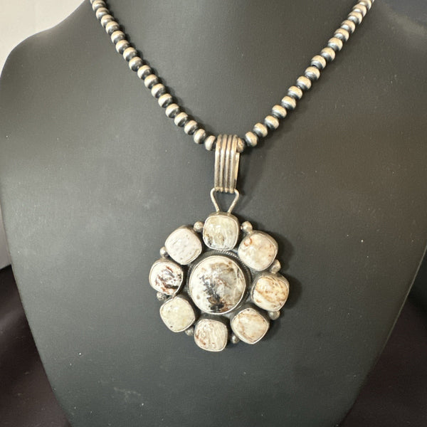 White Buffalo Turquoise Cluster Pendant Navajo Necklace | Sterling Silver | Authentic Native American Handmade | 19271