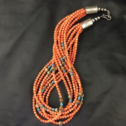 Navajo Orange Bamboo Coral Necklace 7 Strand Sterling Silver 19" 10173