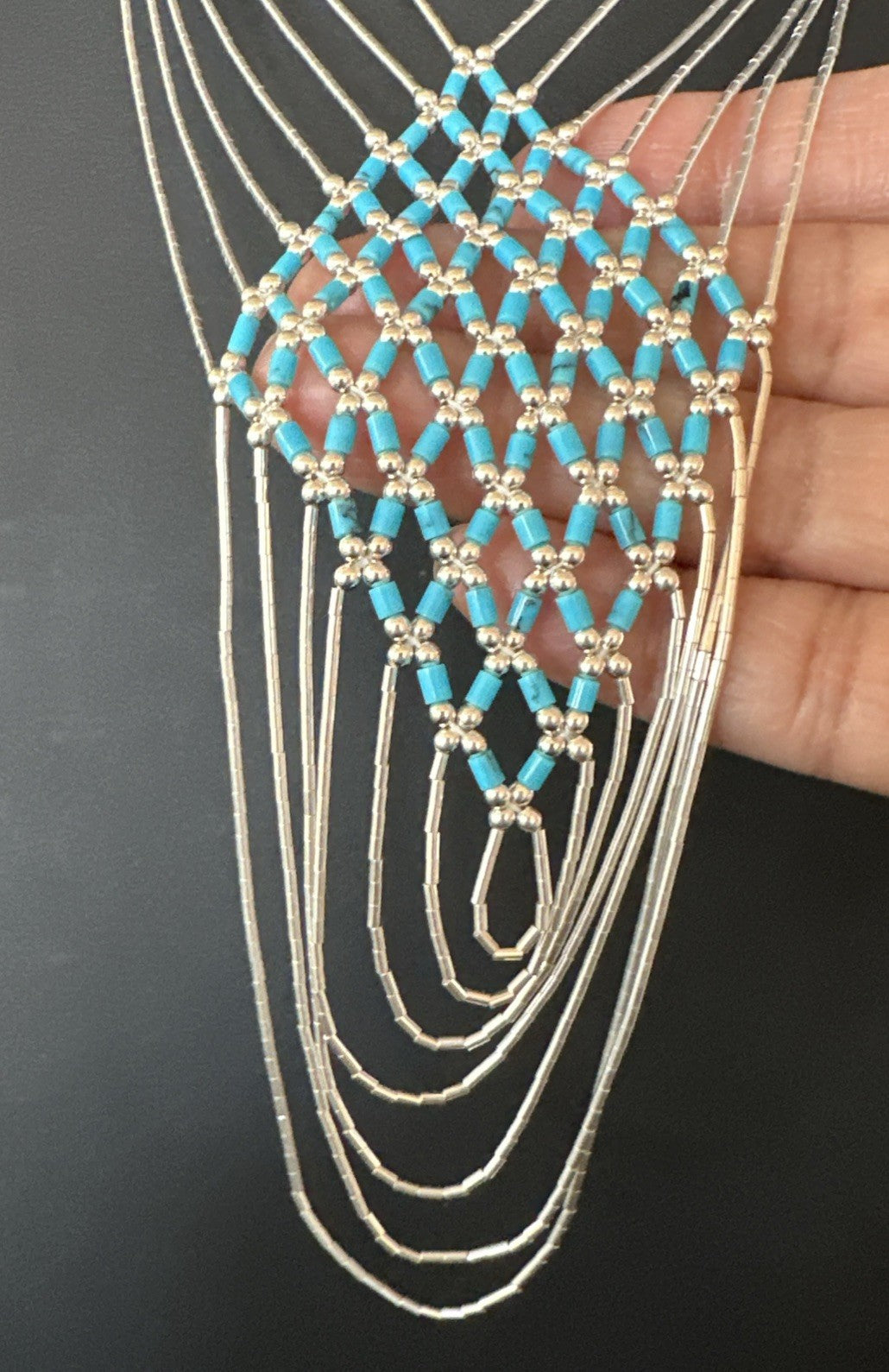 Turquoise Heishi Tubes Pendant 7 Strand Liquid Sterling Silver Necklace 19748