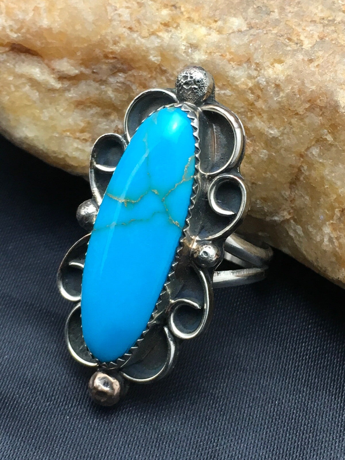 Mens Blue Turquoise Navajo Sterling Silver Ring Size 10.5 04055