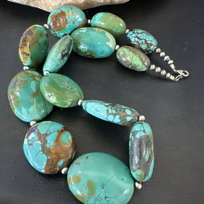 Blue Green Turquoise Nugget Chunky Navajo Sterling Silver Necklace 20” 19250