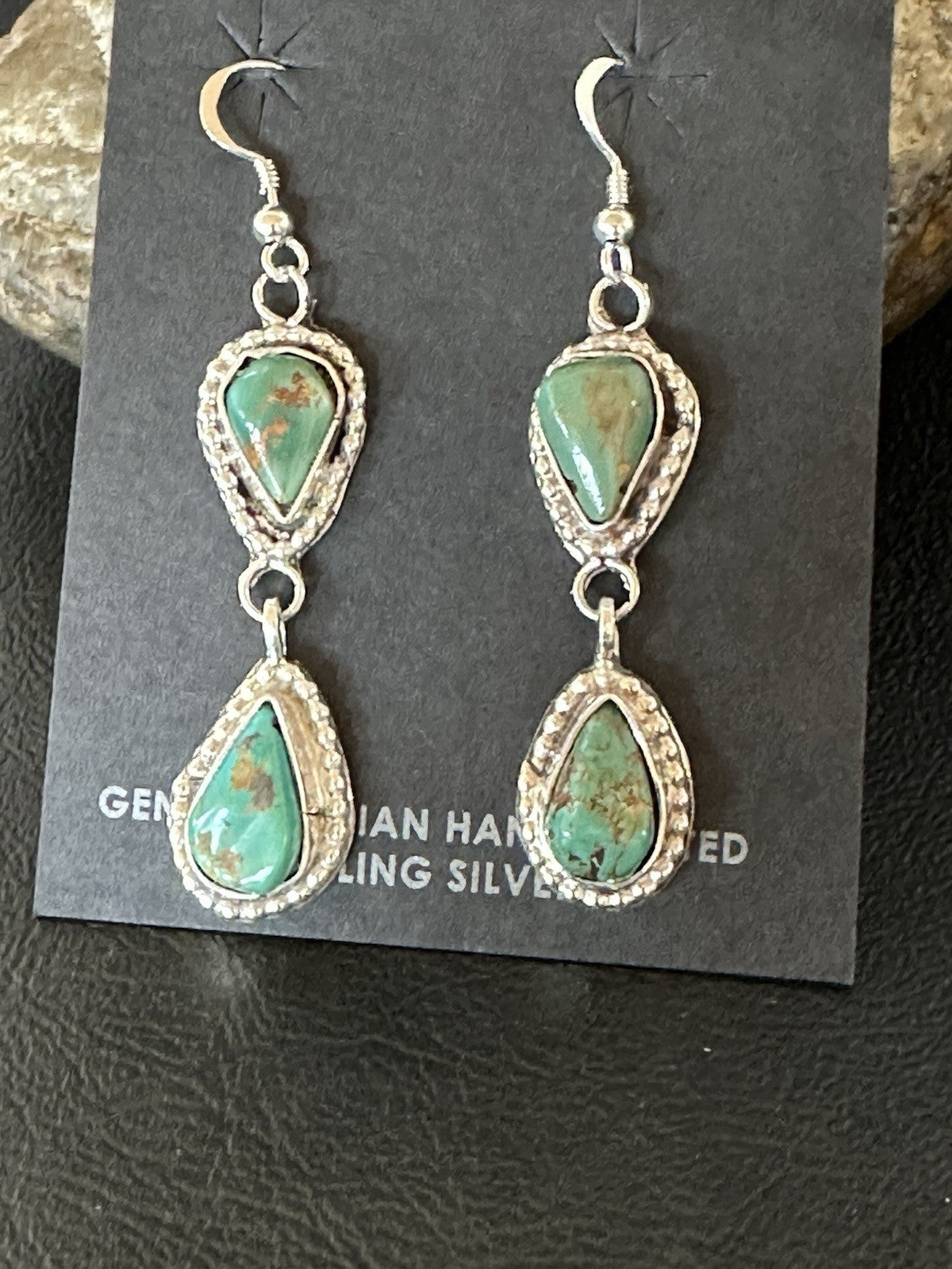 Green Royston Turquoise Navajo Sterling Silver Dangle Earrings 19371