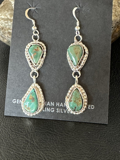 Green Royston Turquoise Navajo Sterling Silver Dangle Earrings 19371