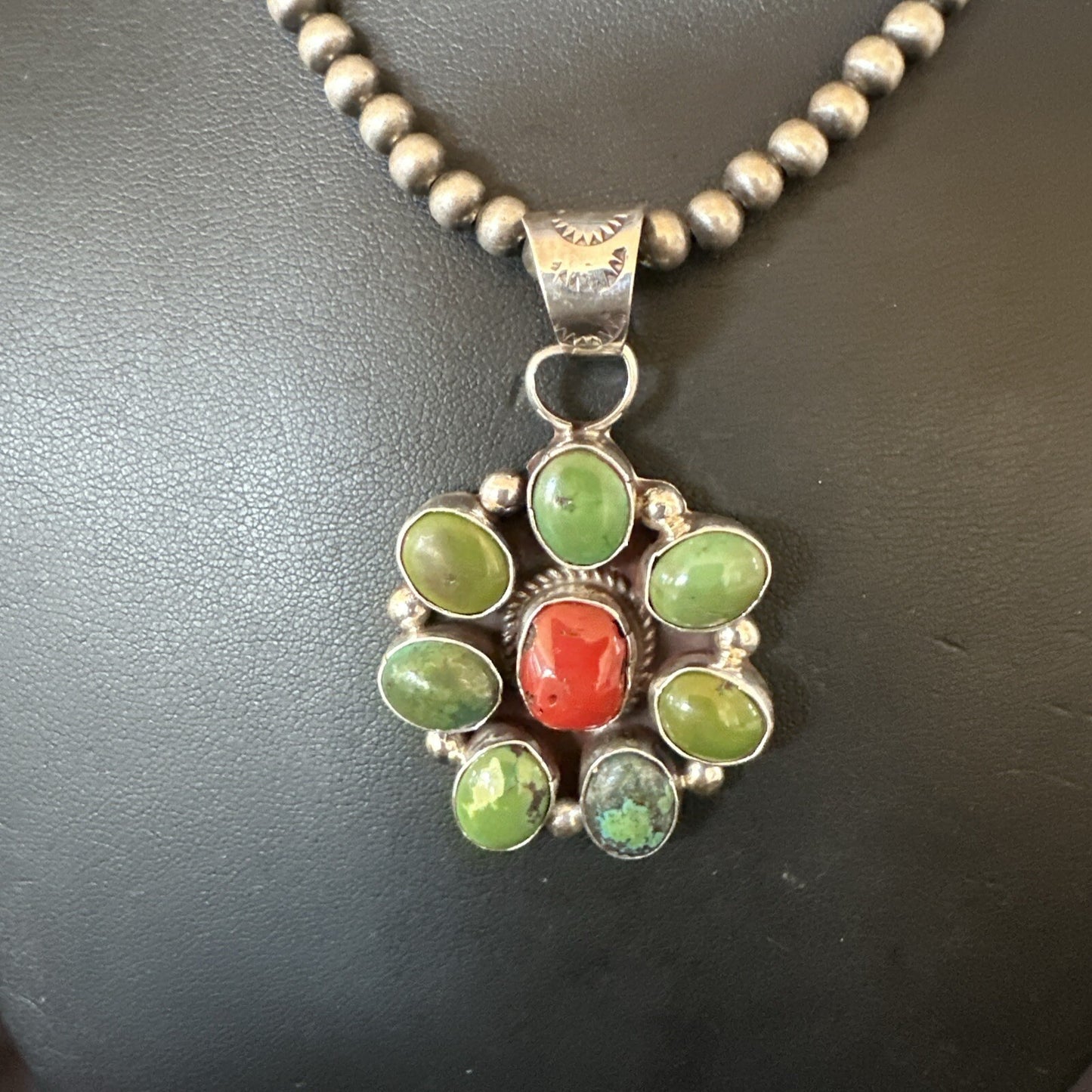 Navajo Sterling Cluster Red Turquoise Pendant Necklace 17713