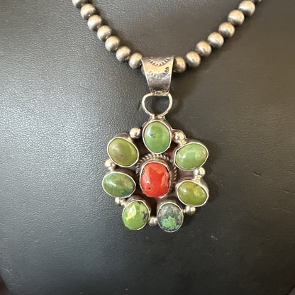 Navajo Sterling Cluster Red Turquoise Pendant Necklace 17713