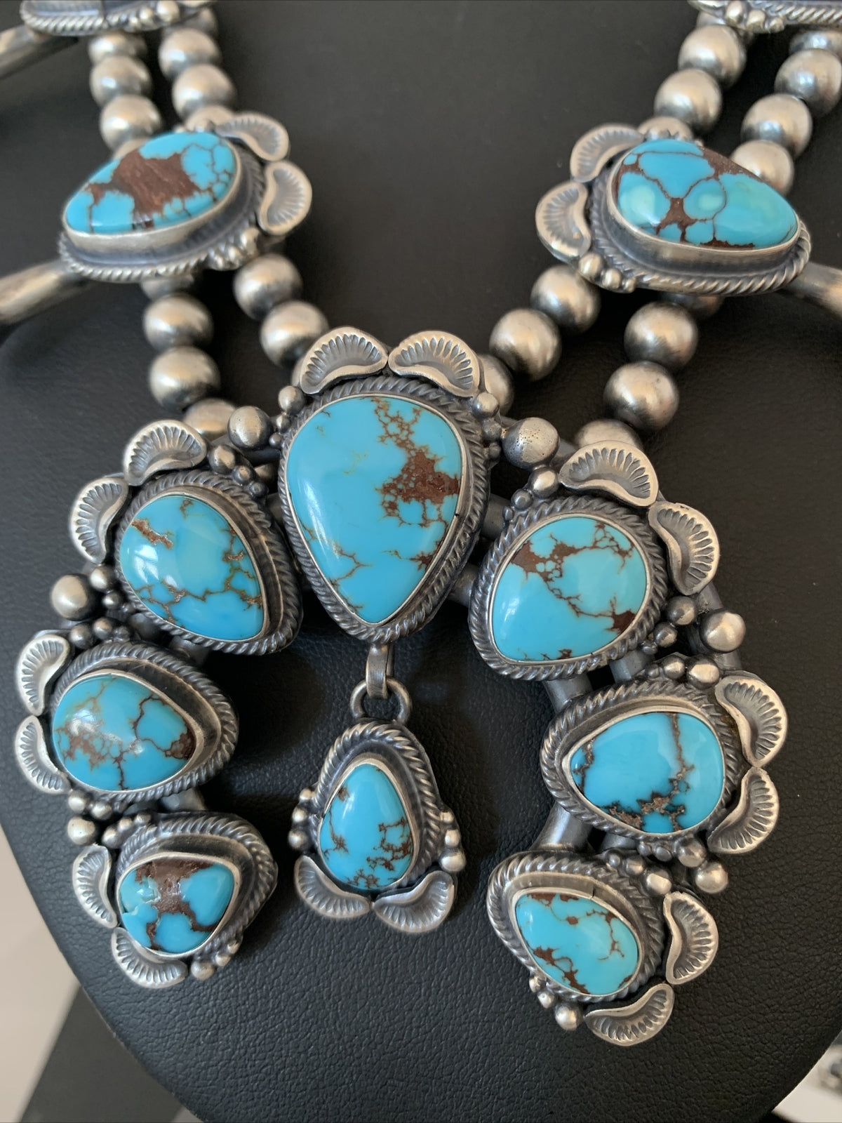 Blue Egyptian Turquoise Sterling Silver Beads Squash Blossom Necklace 17201