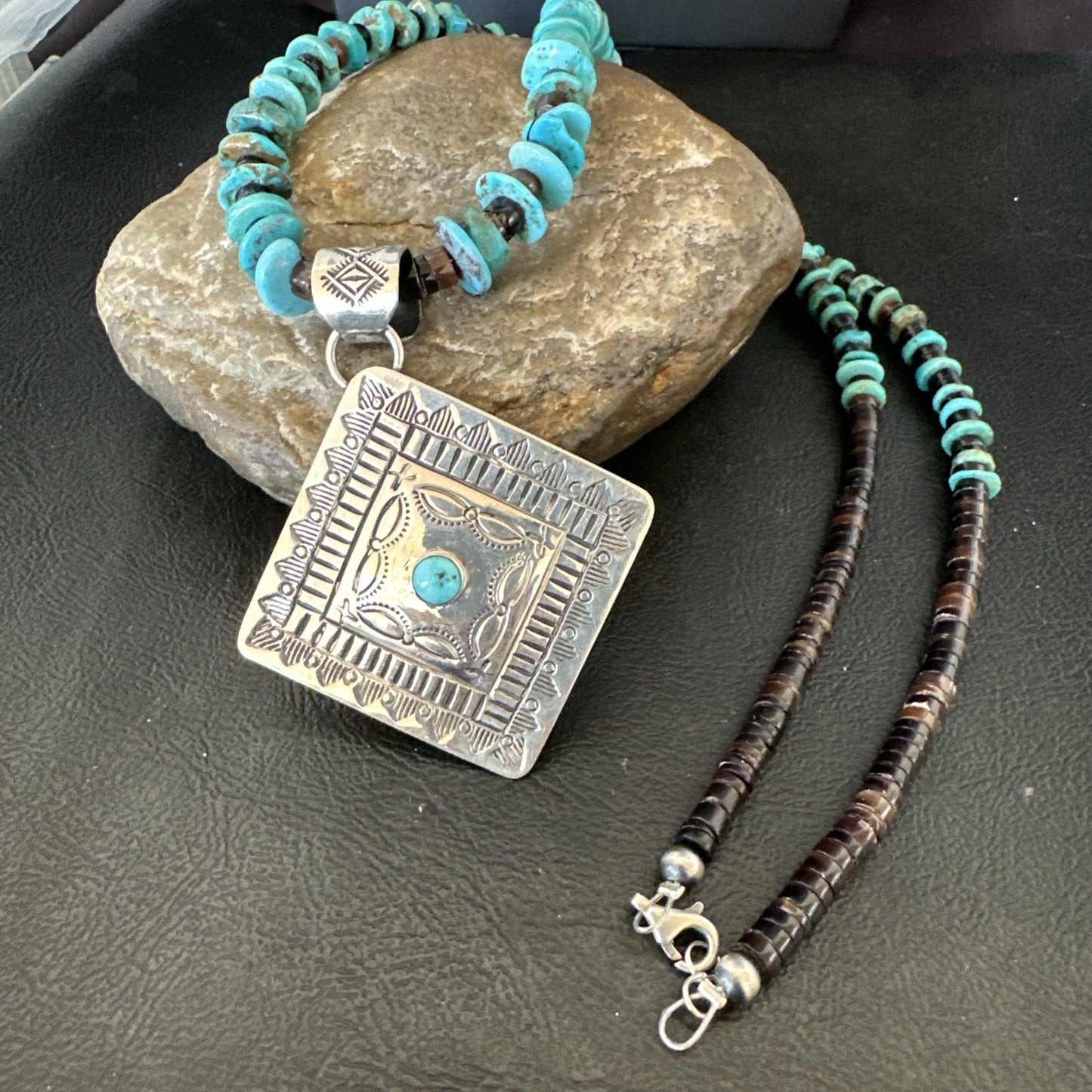 Navajo Blue Turquoise Stamped Pendant Shell Sterling Silver 28” Necklace 19705