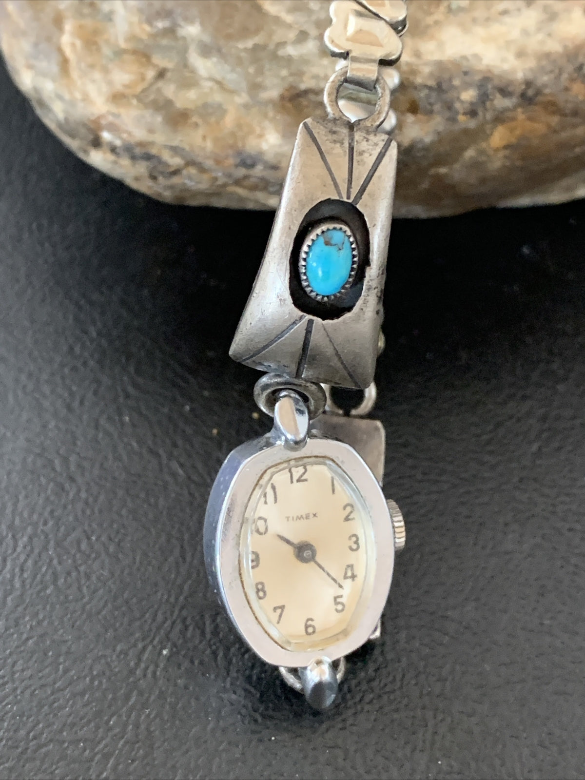 Turquoise Navajo Sterling Silver Old Pawn Shadowbox Watch Tips 01449