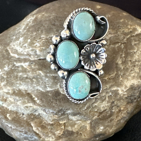 3 Besties Ring Green Turquoise Navajo Cluster Size 8.5 | Sterling Silver | Authentic Native American Handmade | 19158