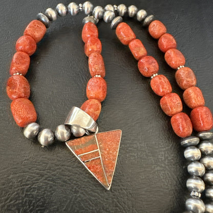 Navajo Apple Sponge Coral Sterling Silver Necklace Inlay Pendant 21” 18684