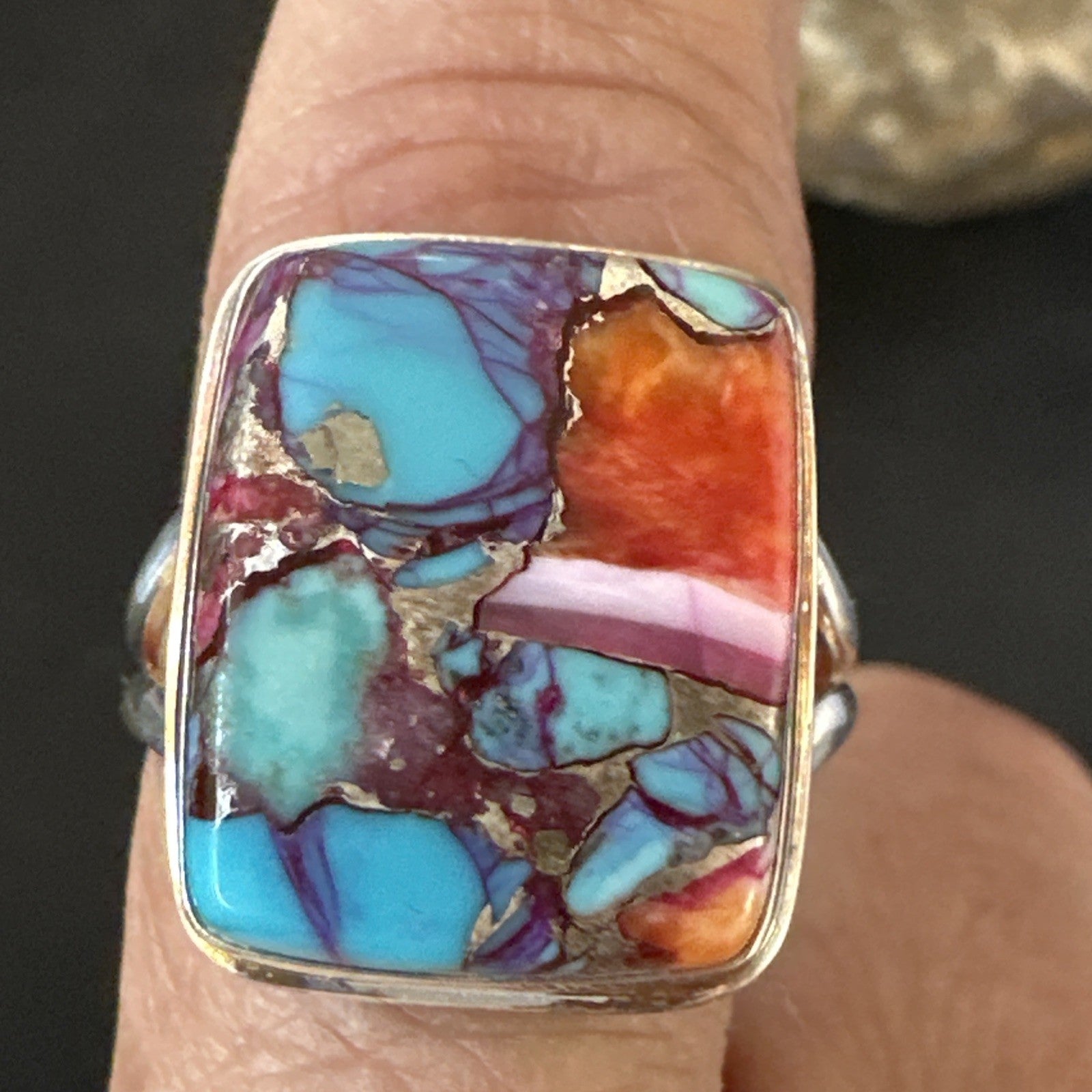 Blue Turquoise Spiny Oyster Southwestern Sterling Silver Ring Size 9 19061