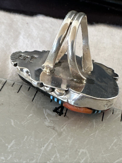 Cosmic Inlay Onyx Turquoise Spiny Navajo Sterling Silver Ring Size 9 19789