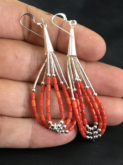 Red Coral 3 Strands Heishi Liquid Sterling Silver Dangle Earrings 1977