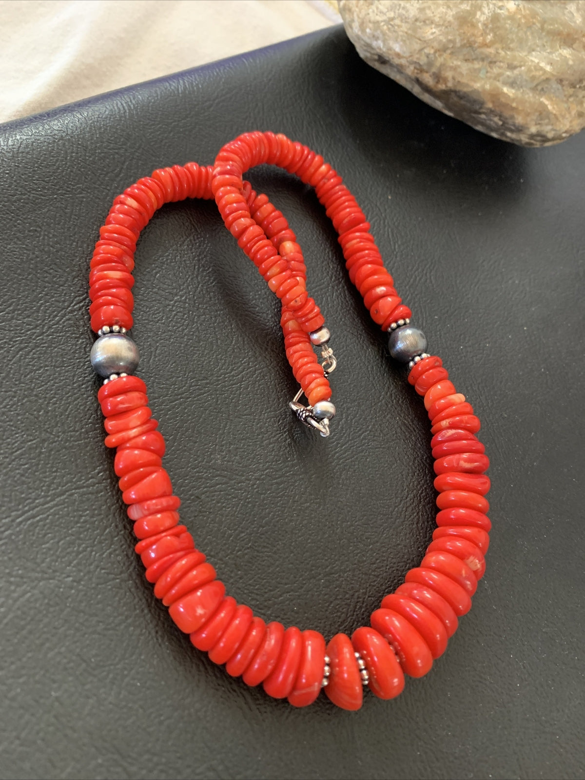 Red Coral Graduated Navajo Pearls Sterling Silver Bead Necklace 18" 01950