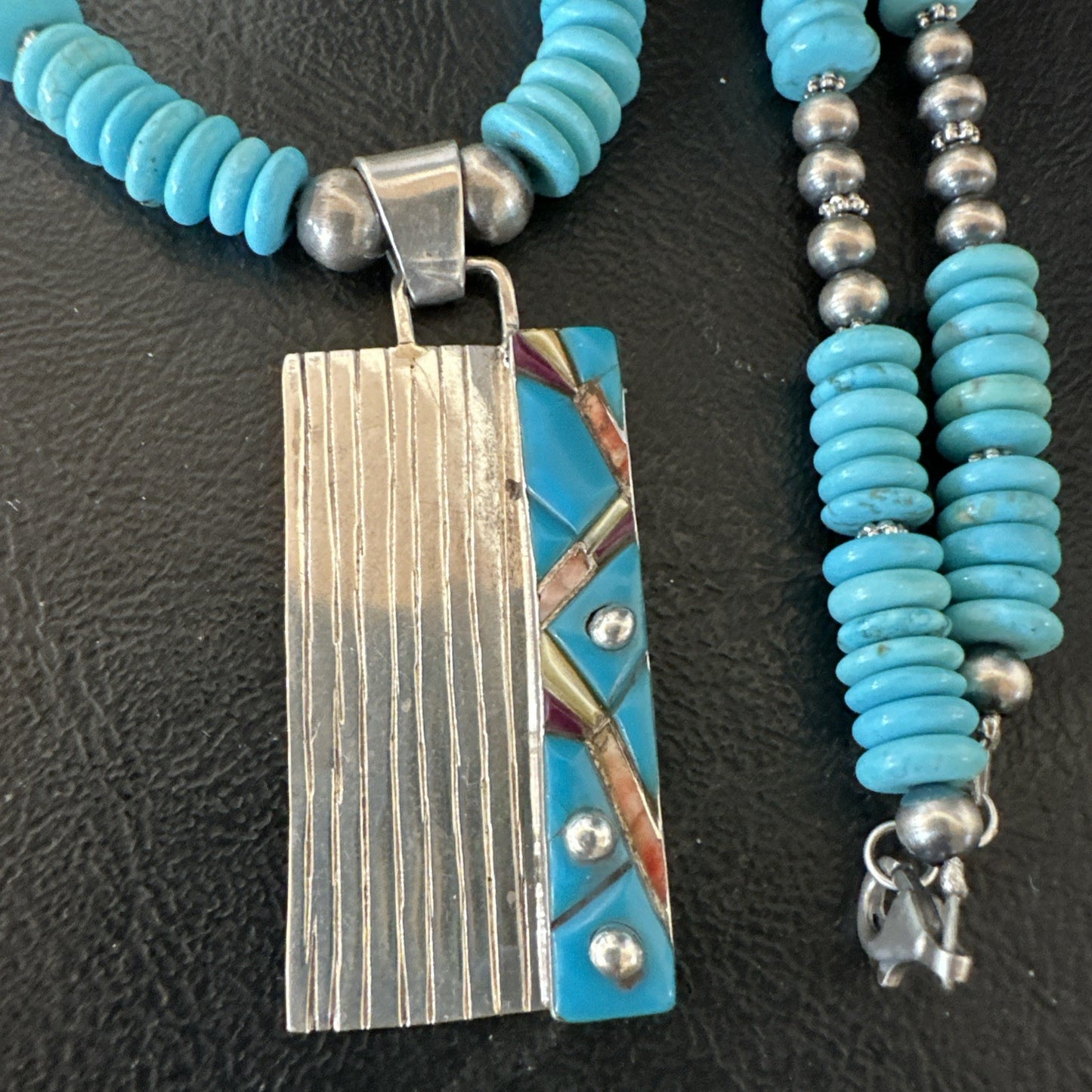 Blue Turquoise Inlay Pendant Navajo Sterling Silver Necklace 20" 19711