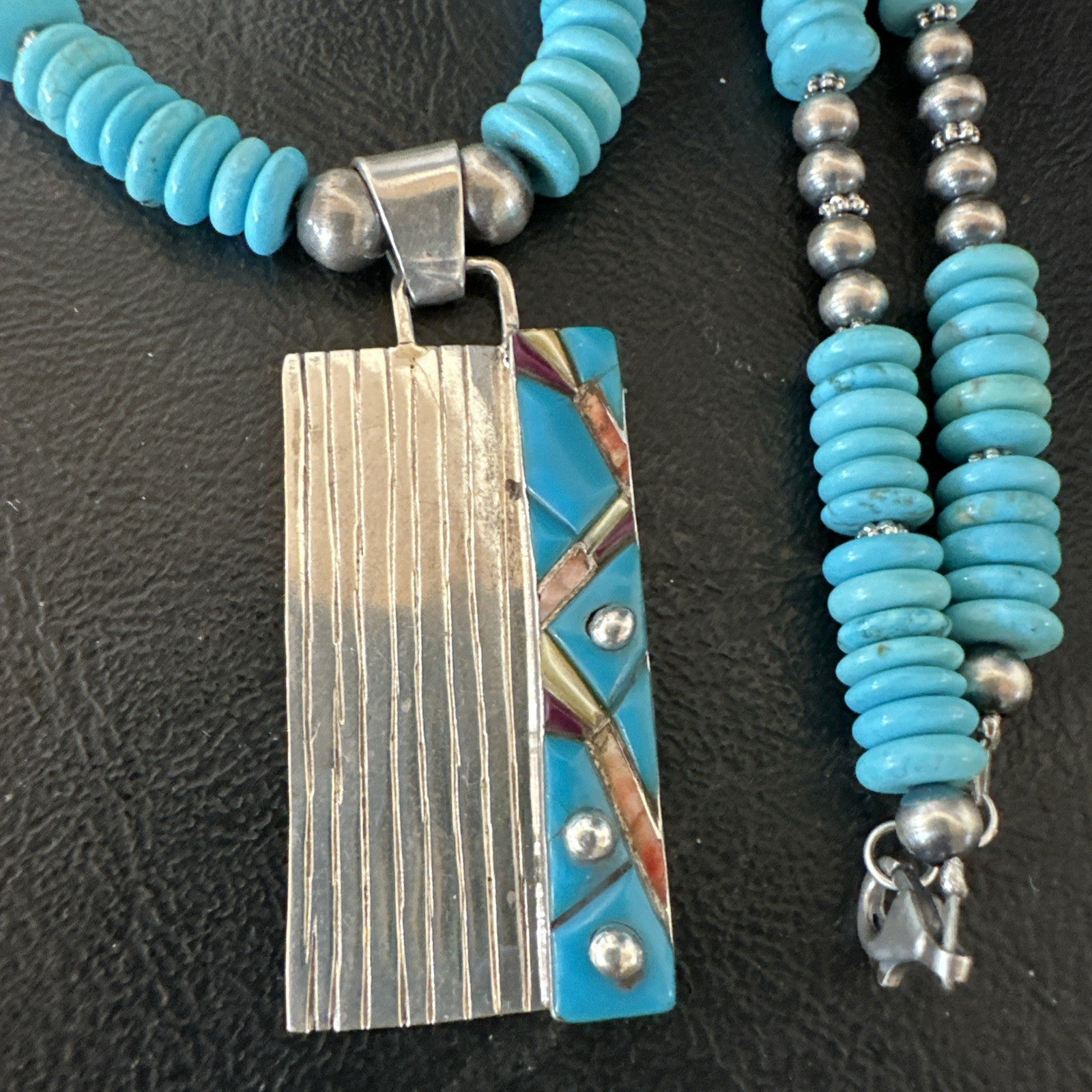 Blue Turquoise Inlay Pendant Navajo Sterling Silver Necklace 20" 19711