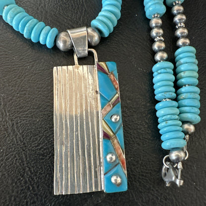 Blue Turquoise Inlay Pendant Navajo Sterling Silver Necklace 20" 19711