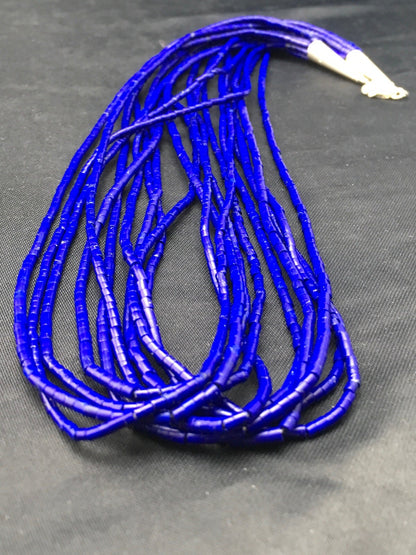 Stabilized Lapis Lazuli 10 Strand Sterling Silver Tube Heishi Necklace 26" 19714