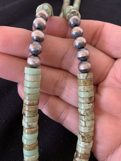 Green Turquoise Stabilized Heishi 8mm  Sterling Silver Beads Necklace 20"