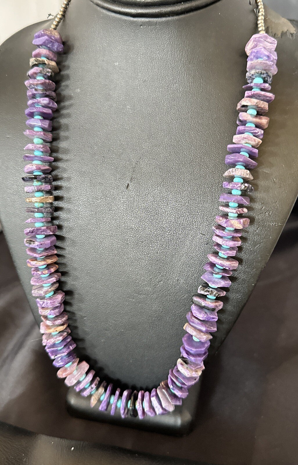 Popular Purple Charoite Blue Turquoise Navajo Sterling Silver Necklace 23” 18053