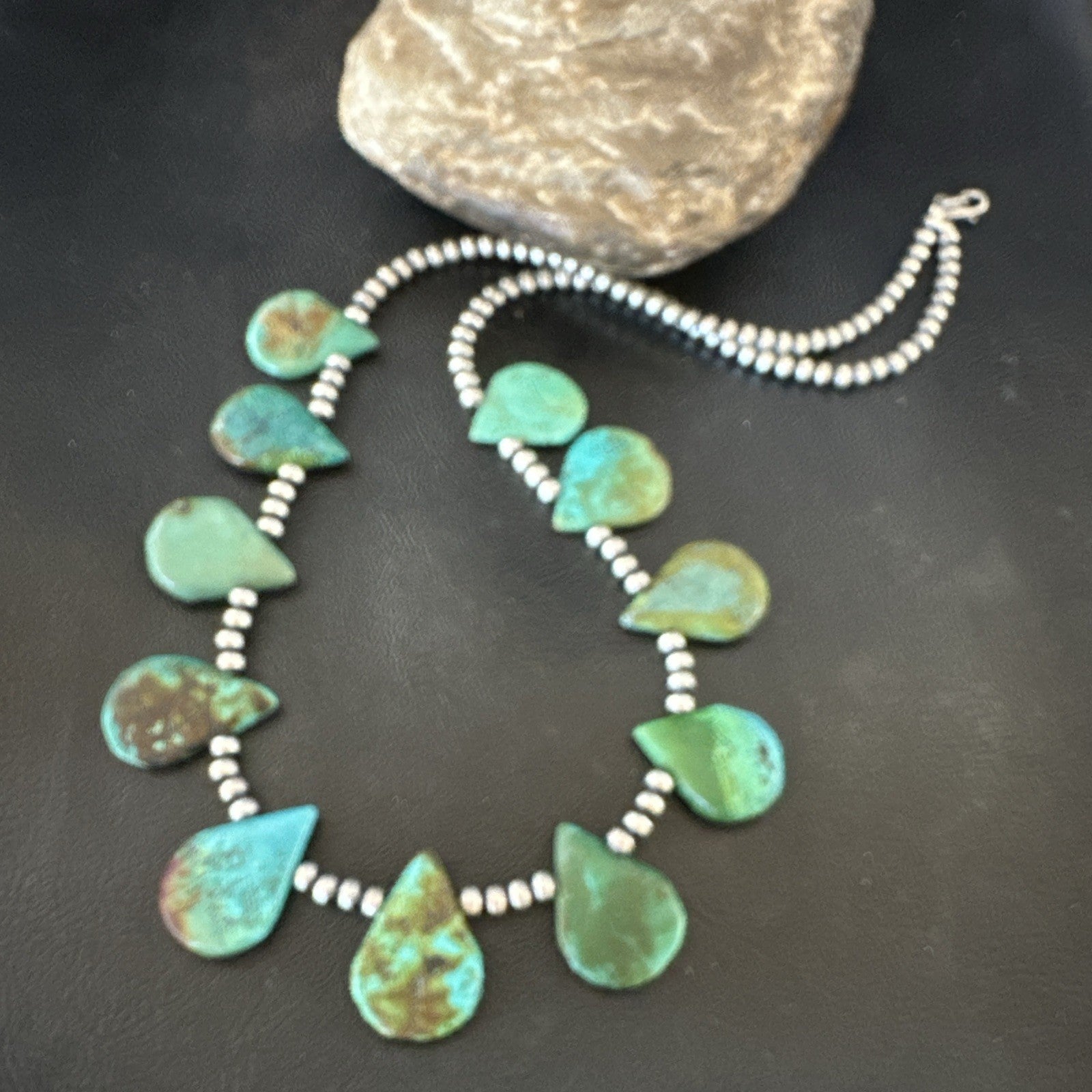 Blue Green Turquoise Teardrop Navajo Pearls Sterling Silver Necklace 14390