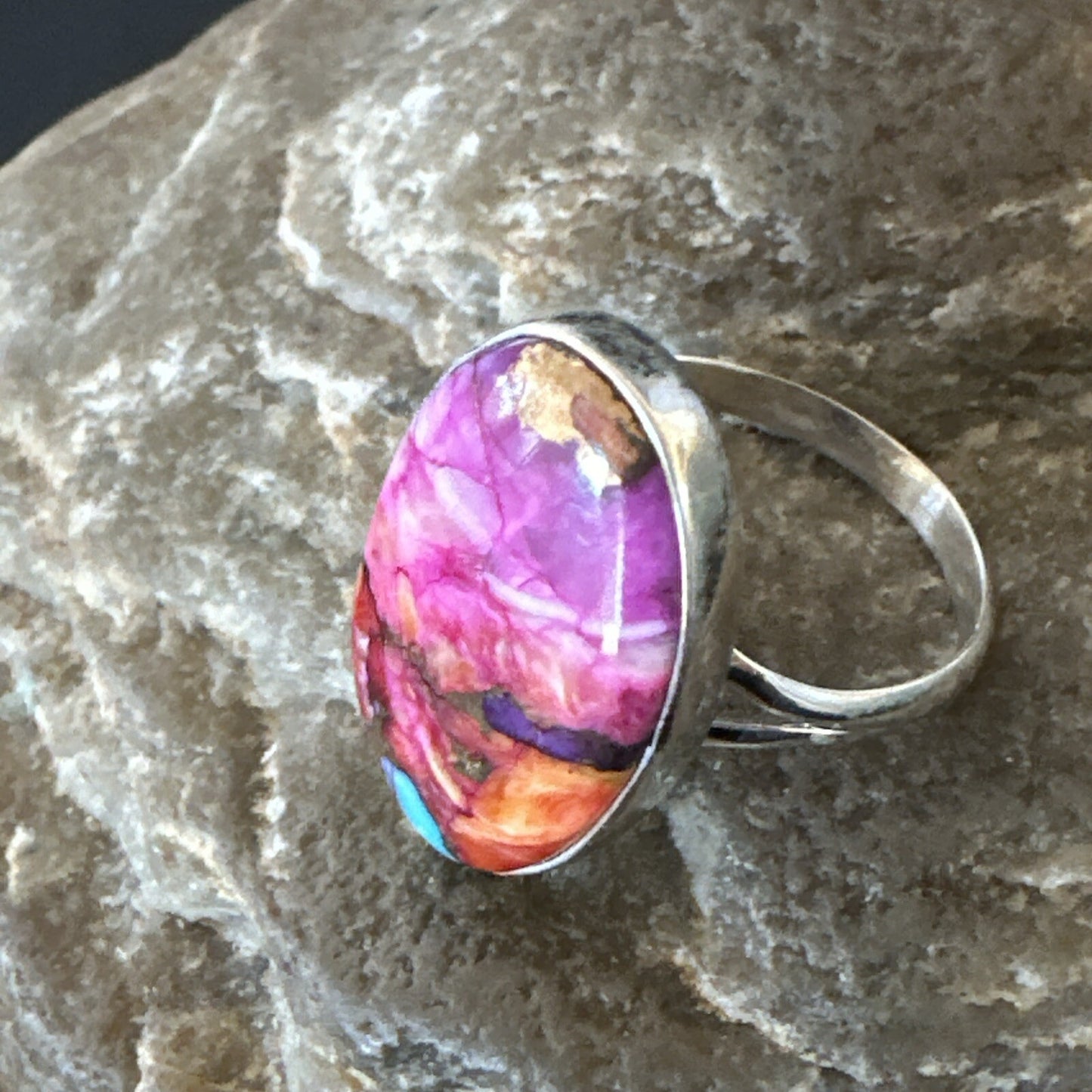 Blue Turquoise Spiny Oyster Southwestern Sterling Silver Ring Size 8 18483