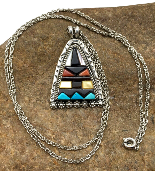 Turquoise Multi-Color Pendant Navajo Necklace | Sterling Silver | Authentic Native American Handmade | 4093