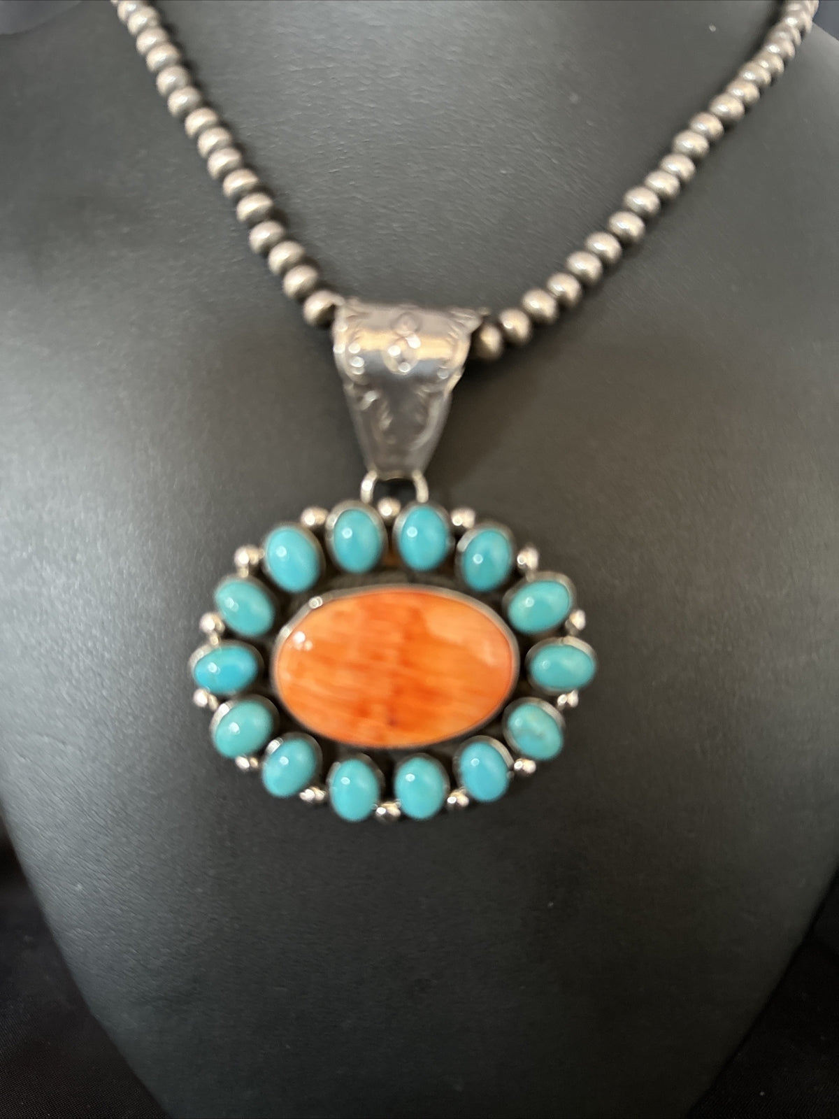 Kingman Turquoise & Spiny Oyster Cluster Pendant Sterling Silver Necklace 14277