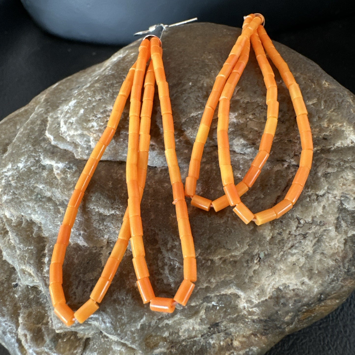 Orange Beads 2 Strands Heishi Liquid Sterling Silver Dangle Earrings 3” 19040