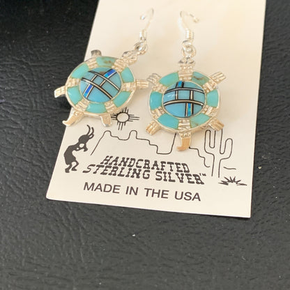 Turquoise & Opal Navajo Sterling Silver Inlay Turtle Earrings 0.5" 12015