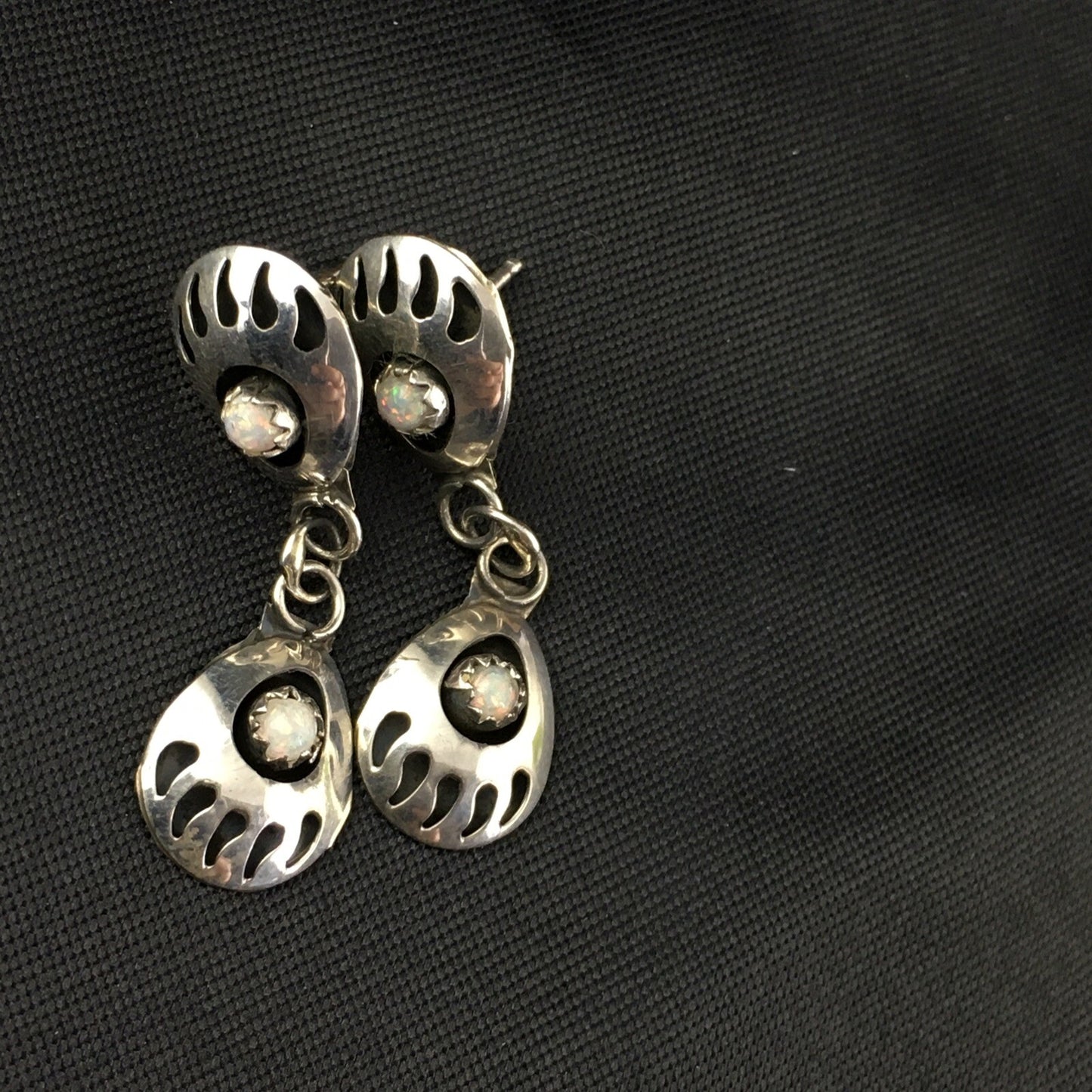 White Opal Navajo Sterling Silver Post Dangle Bear Paw Earrings 1.30" 08694