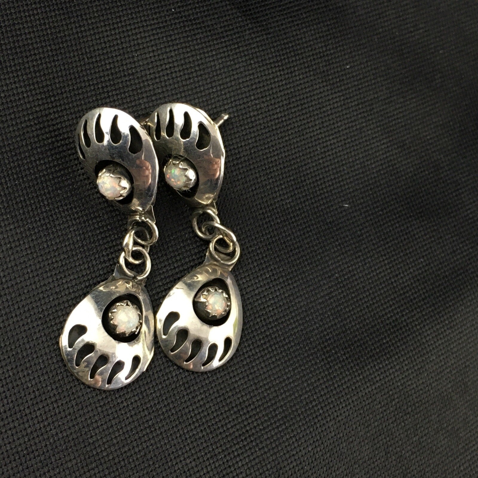 White Opal Navajo Sterling Silver Post Dangle Bear Paw Earrings 1.30" 08694