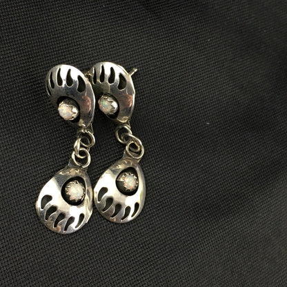 White Opal Navajo Sterling Silver Post Dangle Bear Paw Earrings 1.30" 08694