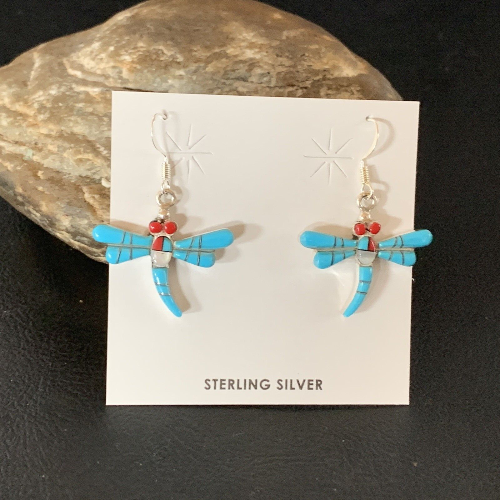 Dragonfly Blue Turquoise Coral MOP Inlay Sterling Silver Earrings 1" 13318